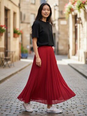 McGinn Crimson Deep Pink Pleated Maxi Skirt With Back Zipper Size 2 Korea